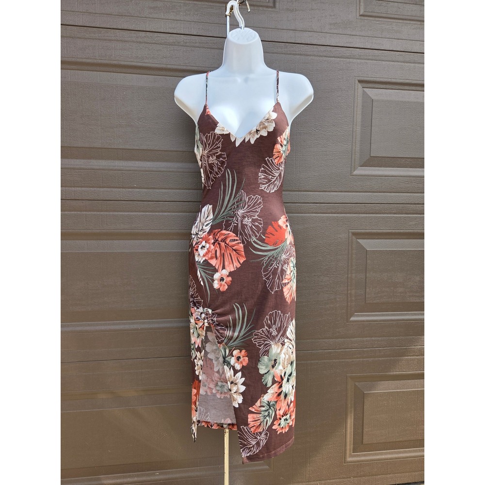 GLARE Brown Tropical Floral Midi Dress Spaghetti Strap Cross Back Slit Small